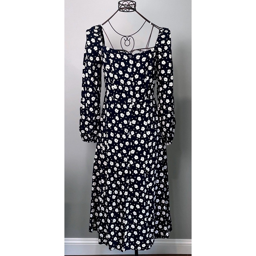 NEW FRNCH Cottagecore Floral Parisian 90s Boho Button Front Midi Dress Sz Medium